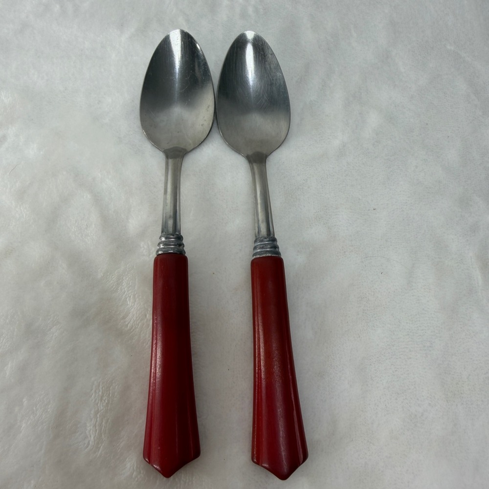 Set of 2 Teapoons Red Bakelite Tapered Handles Vintage Style